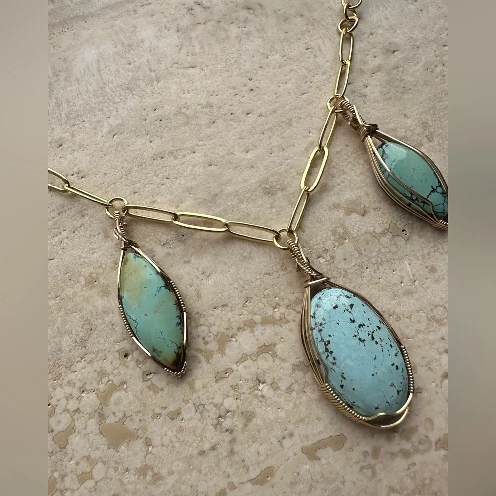 14k Gold Filled Gypsy Boho Turquoise Angel Paperclip Necklace
